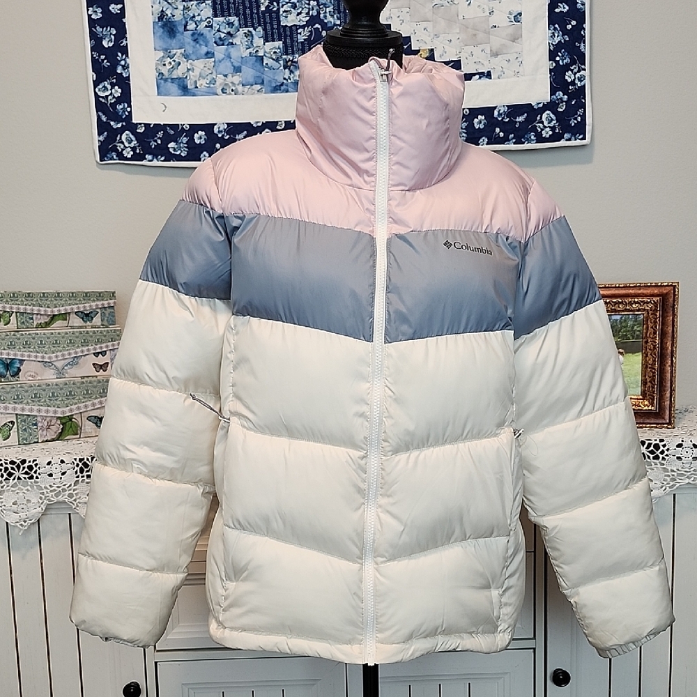 Columbia Women's Color Block Puffer Winter Jacket Size L Pink Gray Cream Warm